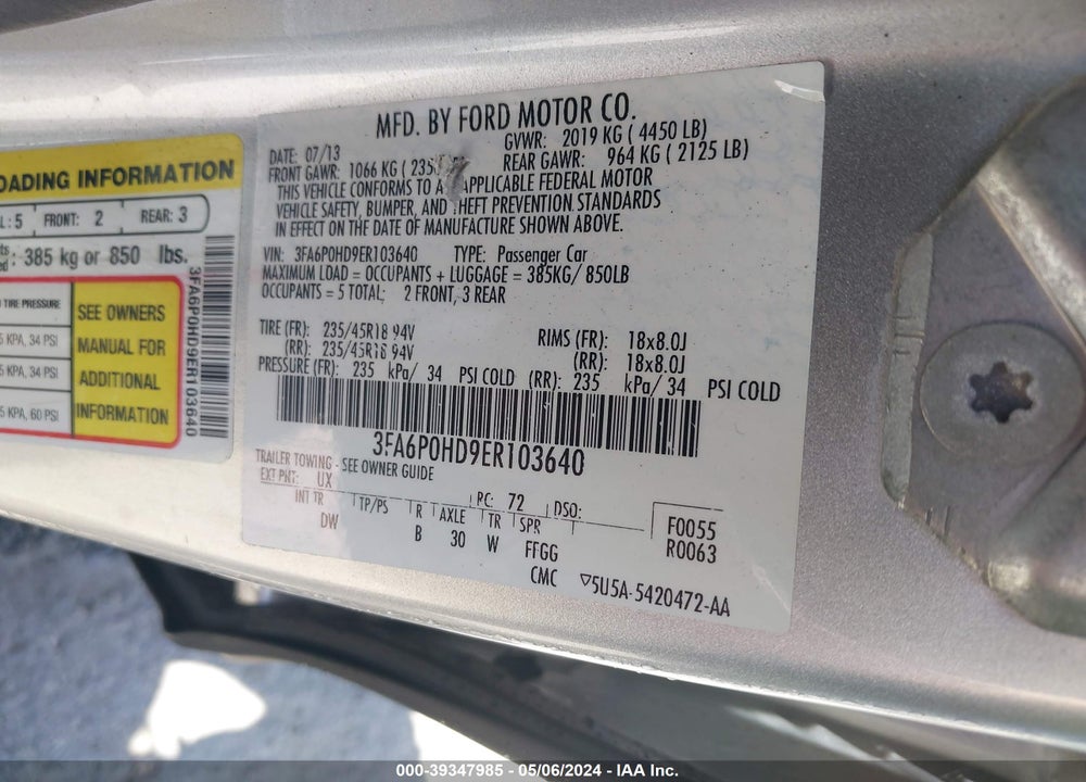 2014 FORD FUSION SE VIN: 3FA6P0HD9ER103640