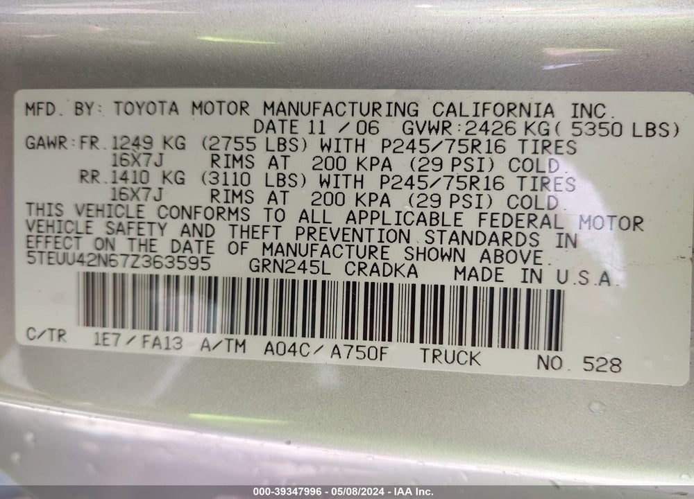 2007 TOYOTA TACOMA BASE V6 VIN: 5TEUU42N67Z363595