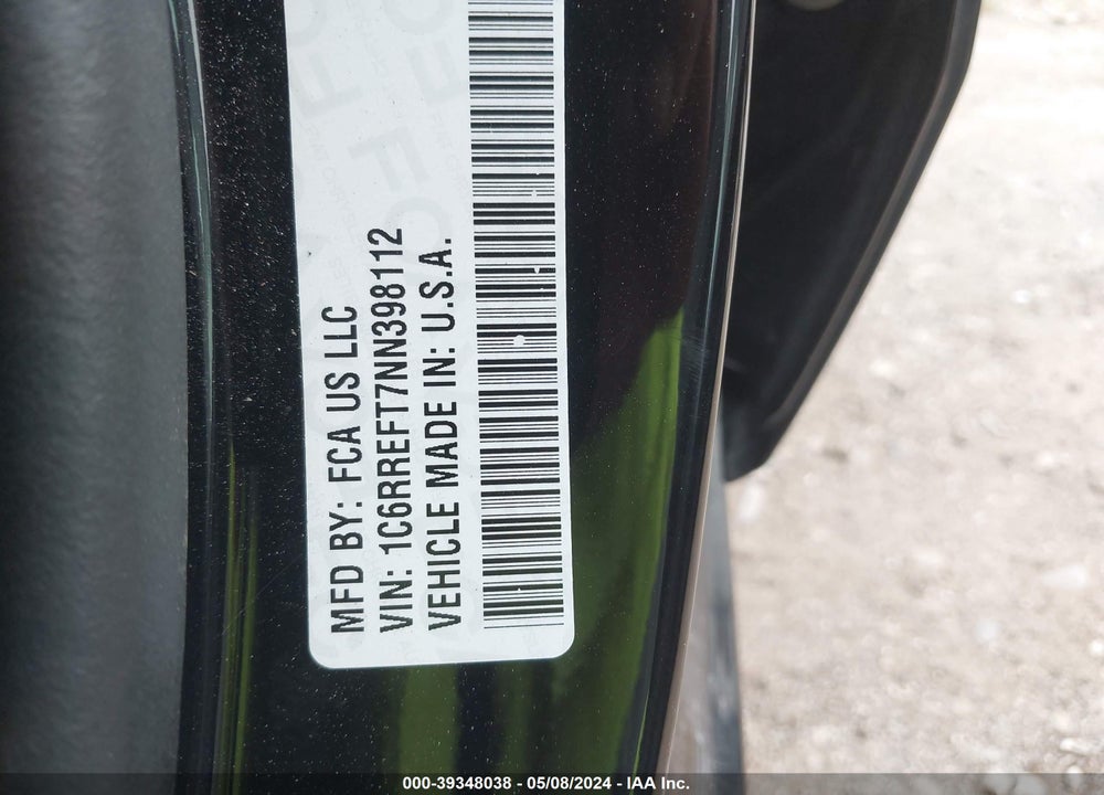 2022 RAM 1500 VIN: 1C6RREFT7NN398112