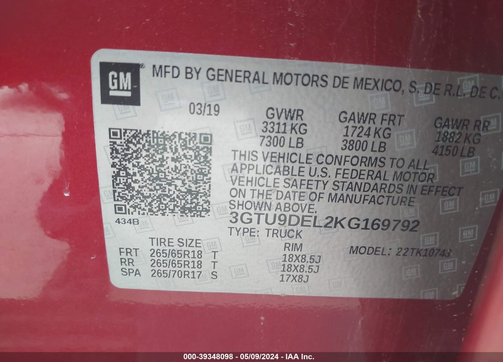 2019 GMC SIERRA 1500 SLT VIN: 3GTU9DEL2KG169792