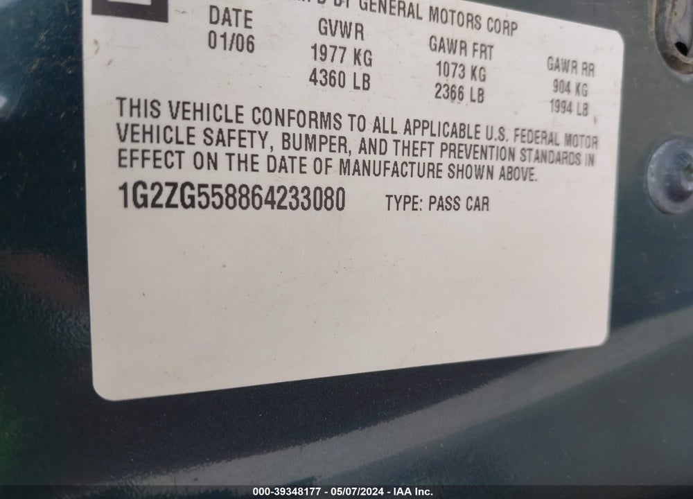 2006 PONTIAC G6 VIN: 1G2ZG558864233080