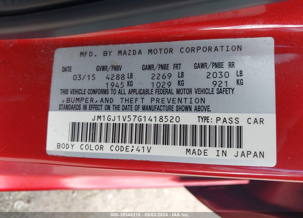 2016 MAZDA 6 I TOURING VIN: JM1GJ1V57G1418520