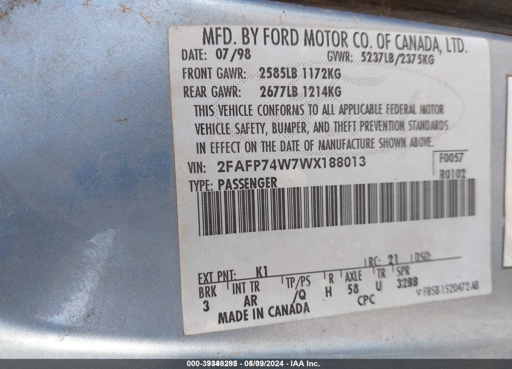 1998 FORD CROWN VICTORIA LX VIN: 2FAFP74W7WX188013