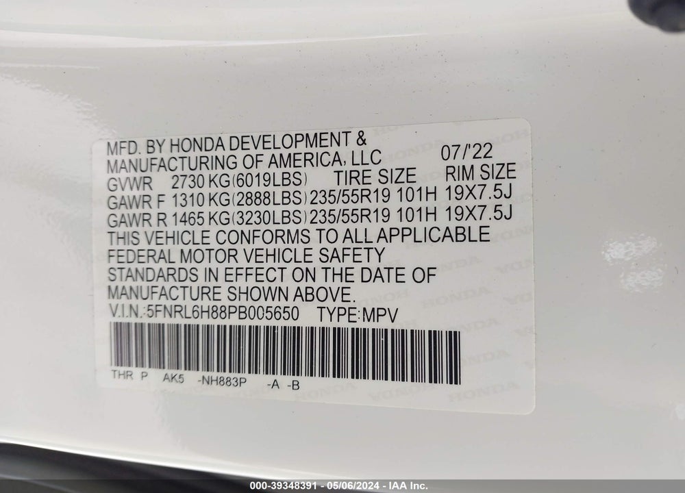2023 HONDA ODYSSEY TOURING VIN: 5FNRL6H88PB005650