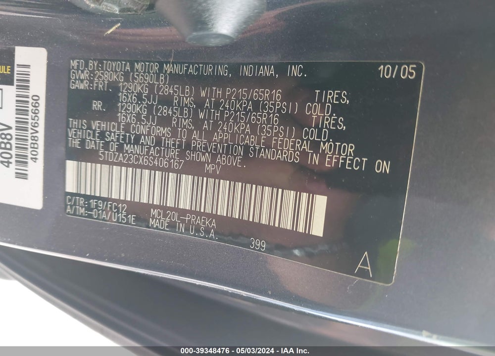 2006 TOYOTA SIENNA LE VIN: 5TDZA23CX6S406167