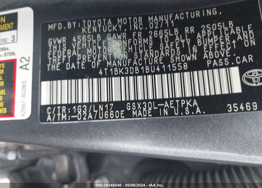 2011 TOYOTA AVALON LIMITED VIN: 4T1BK3DB1BU411558