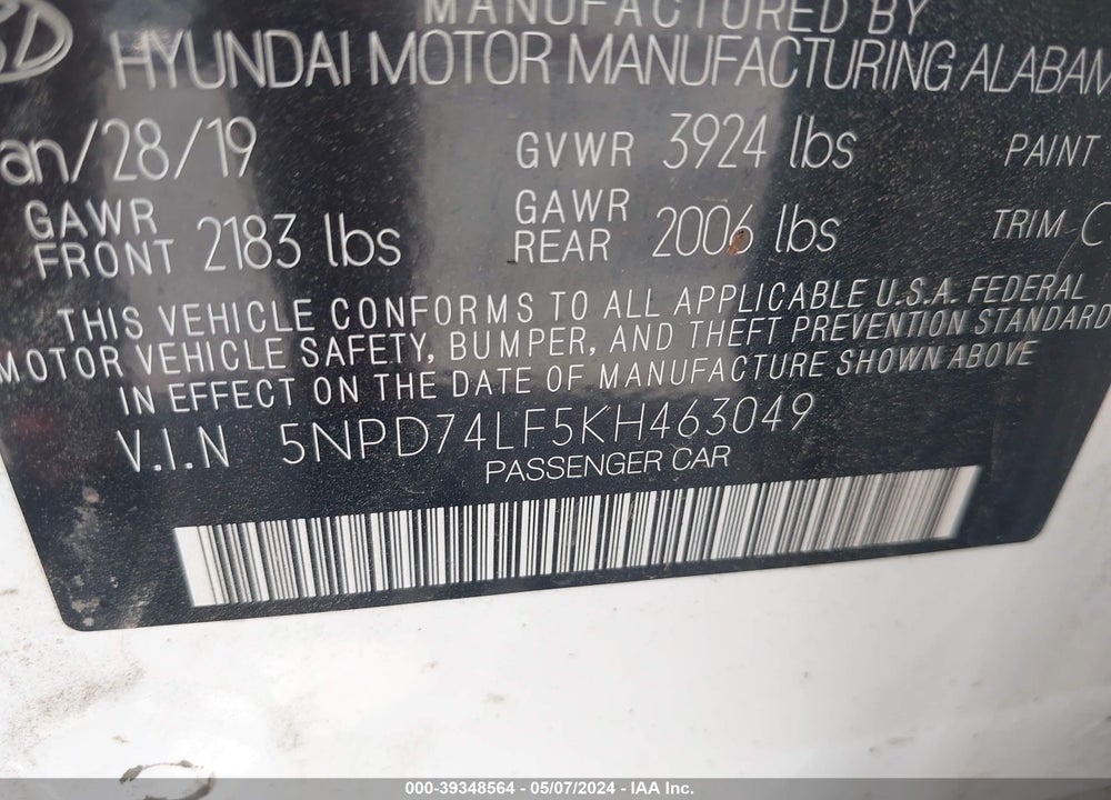 2019 HYUNDAI ELANTRA SE VIN: 5NPD74LF5KH463049