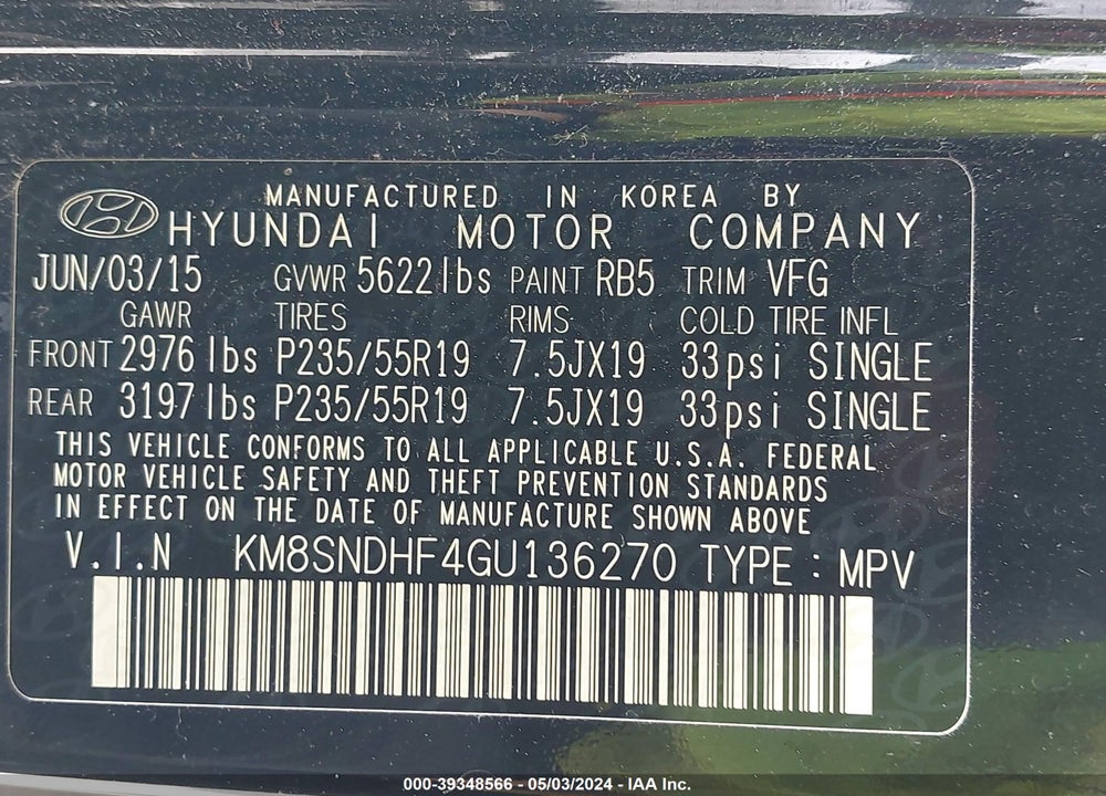 2016 HYUNDAI SANTA FE VIN: KM8SNDHF4GU136270