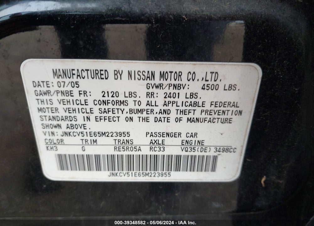 2005 INFINITI G35 VIN: JNKCV51E65M223955