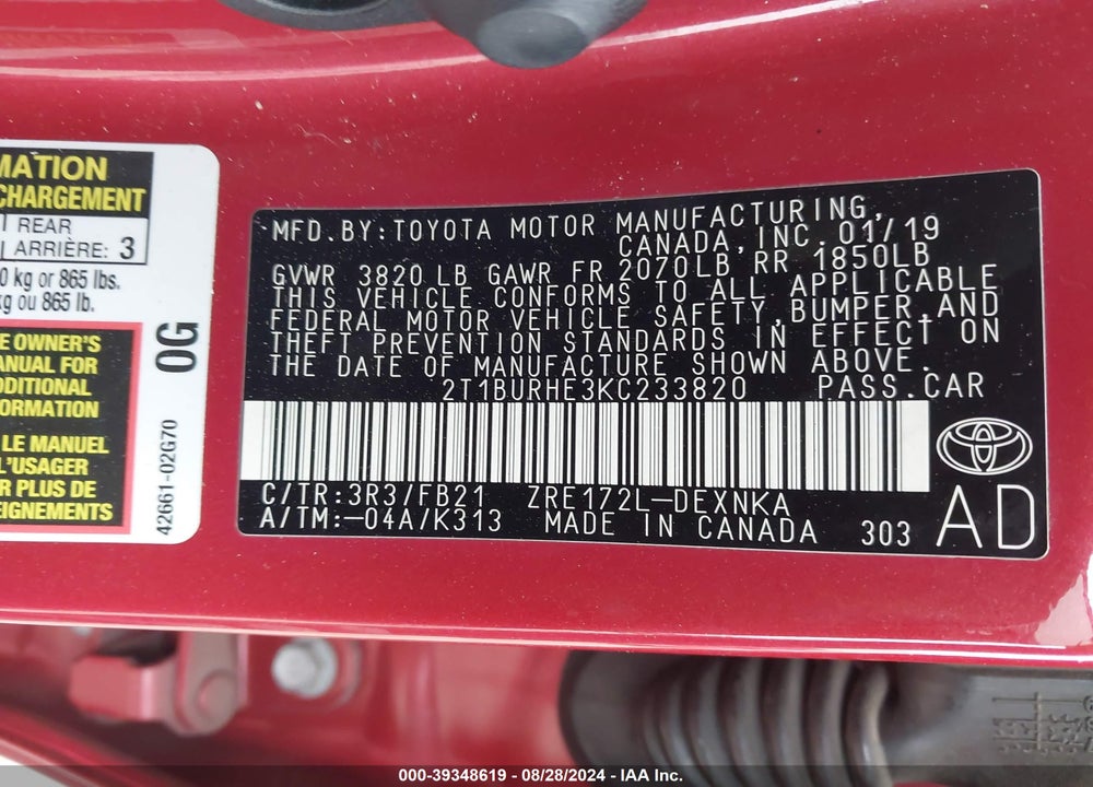 2019 TOYOTA COROLLA VIN: 2T1BURHE3KC233820