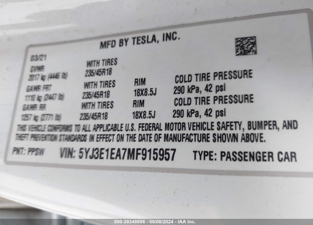 2021 TESLA MODEL 3 STANDARD RANGE PLUS REAR-WHEEL DRIVE VIN: 5YJ3E1EA7MF915957