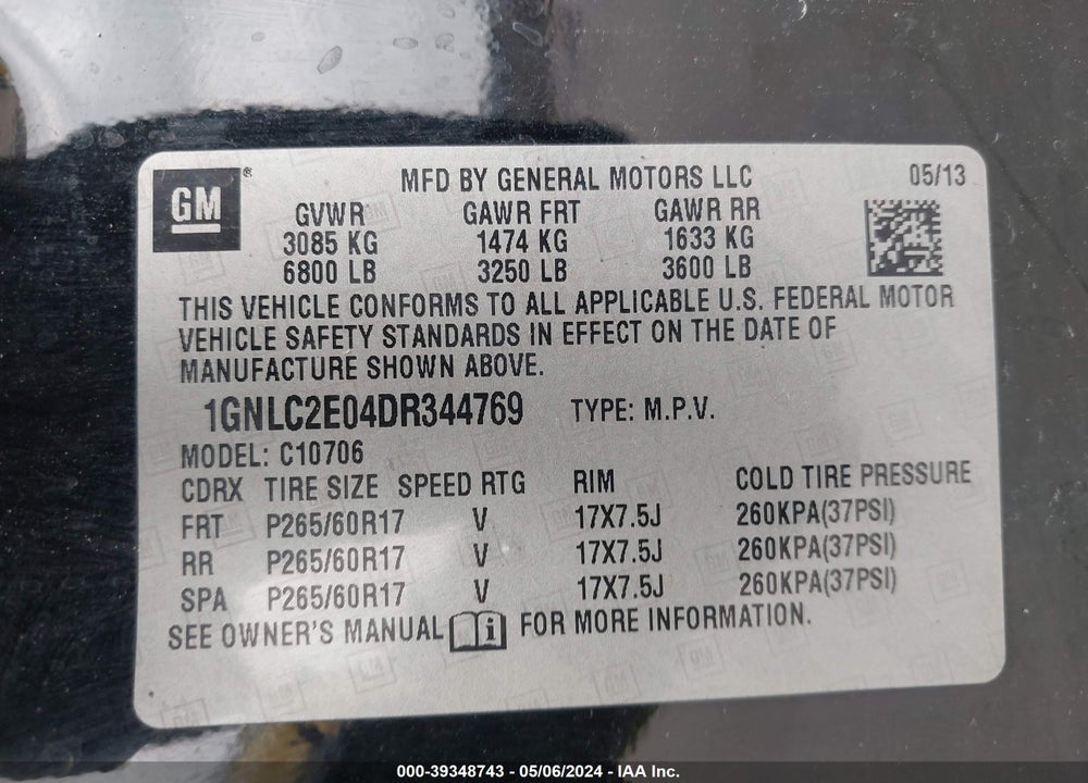 2013 CHEVROLET TAHOE COMMERCIAL FLEET VIN: 1GNLC2E04DR344769