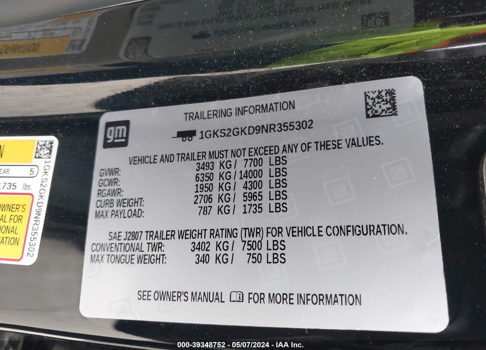 2022 GMC YUKON XL 4WD SLT VIN: 1GKS2GKD9NR355302