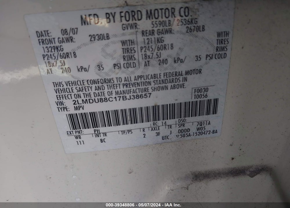 2007 LINCOLN MKX VIN: 2LMDU88C17BJ38657
