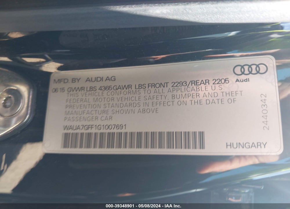 2016 AUDI A3 1.8T PREMIUM VIN: WAUA7GFF1G1007691