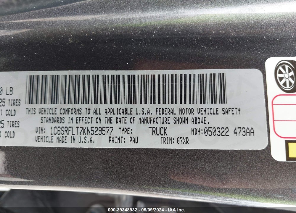 2019 RAM 1500 REBEL 4X4 5'7 BOX VIN: 1C6SRFLT7KN529577