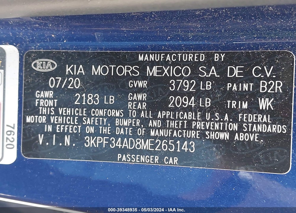 2021 KIA FORTE GT LINE VIN: 3KPF34AD8ME265143