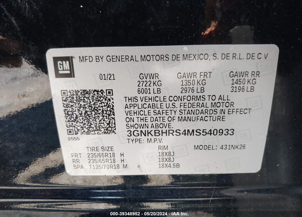 2021 CHEVROLET BLAZER AWD 2LT VIN: 3GNKBHRS4MS540933