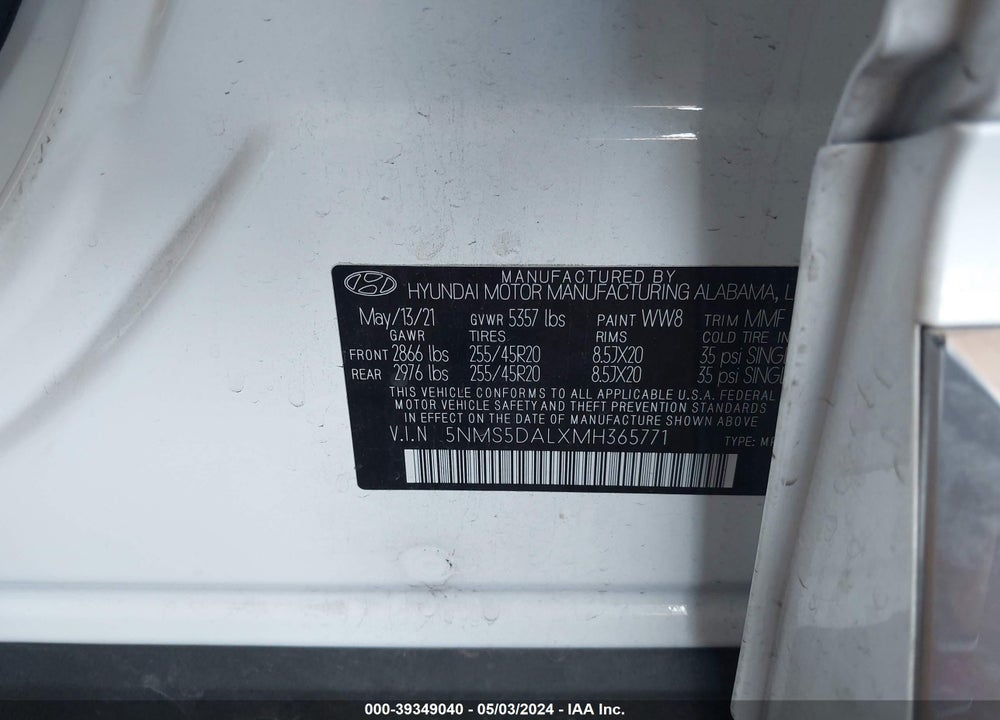 2021 HYUNDAI SANTA FE CALLIGRAPHY VIN: 5NMS5DALXMH365771
