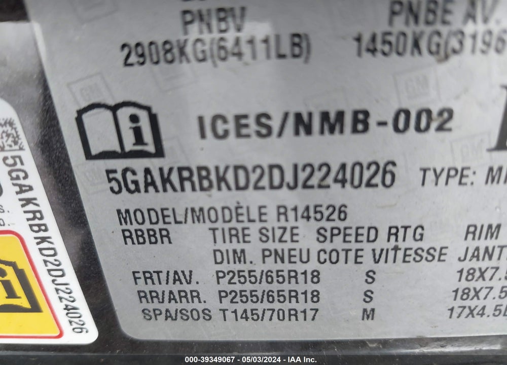 2013 BUICK ENCLAVE VIN: 5GAKRBKD2DJ224026