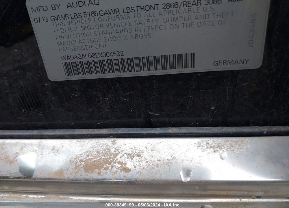 2014 AUDI A8 3.0T VIN: WAUAGAFD8EN004532