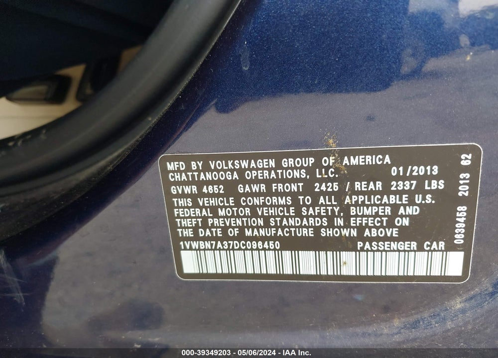 2013 VOLKSWAGEN PASSAT 2.0L TDI SE VIN: 1VWBN7A37DC096450