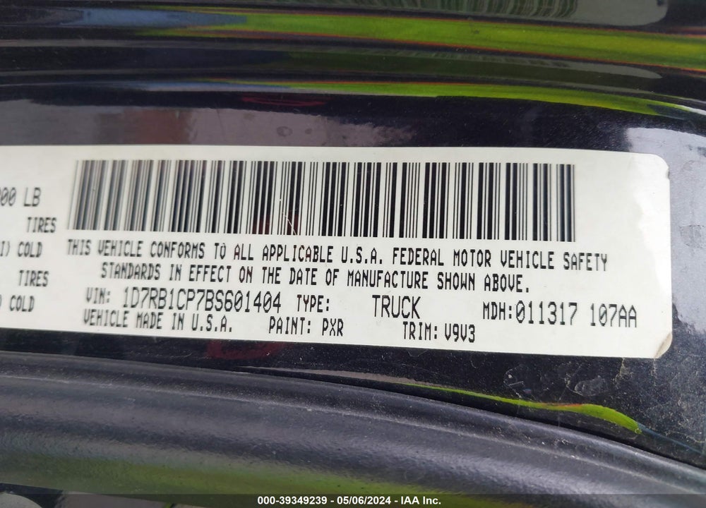 2011 RAM 1500 SLT VIN: 1D7RB1CP7BS601404