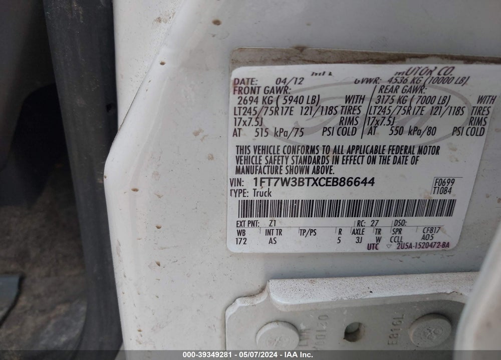 2012 FORD F-350 XL VIN: 1FT7W3BTXCEB86644