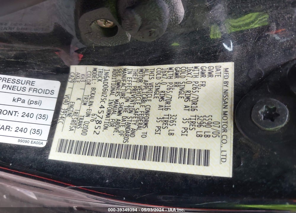 2005 NISSAN FRONTIER SE VIN: 1N6AD06U25C457852