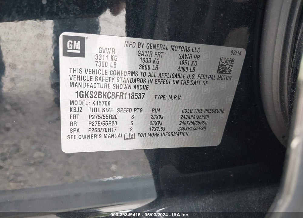 2015 GMC YUKON SLT VIN: 1GKS2BKC8FR118537