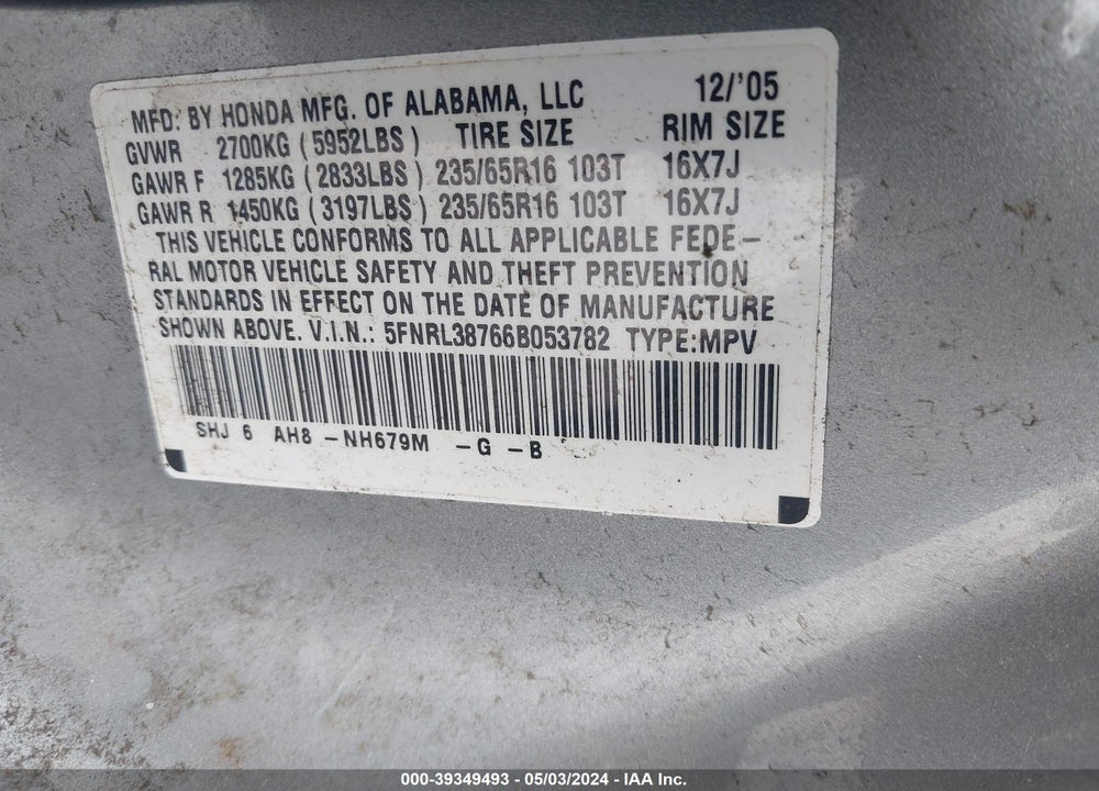2006 HONDA ODYSSEY EX-L VIN: 5FNRL38766B053782