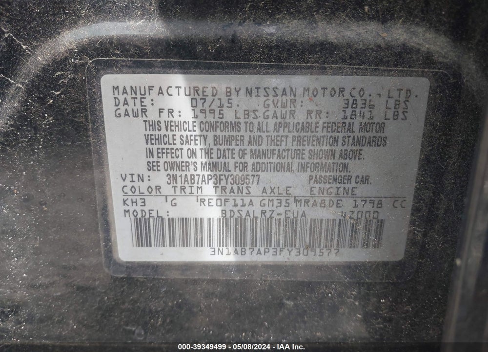 2015 NISSAN SENTRA SR VIN: 3N1AB7AP3FY309577
