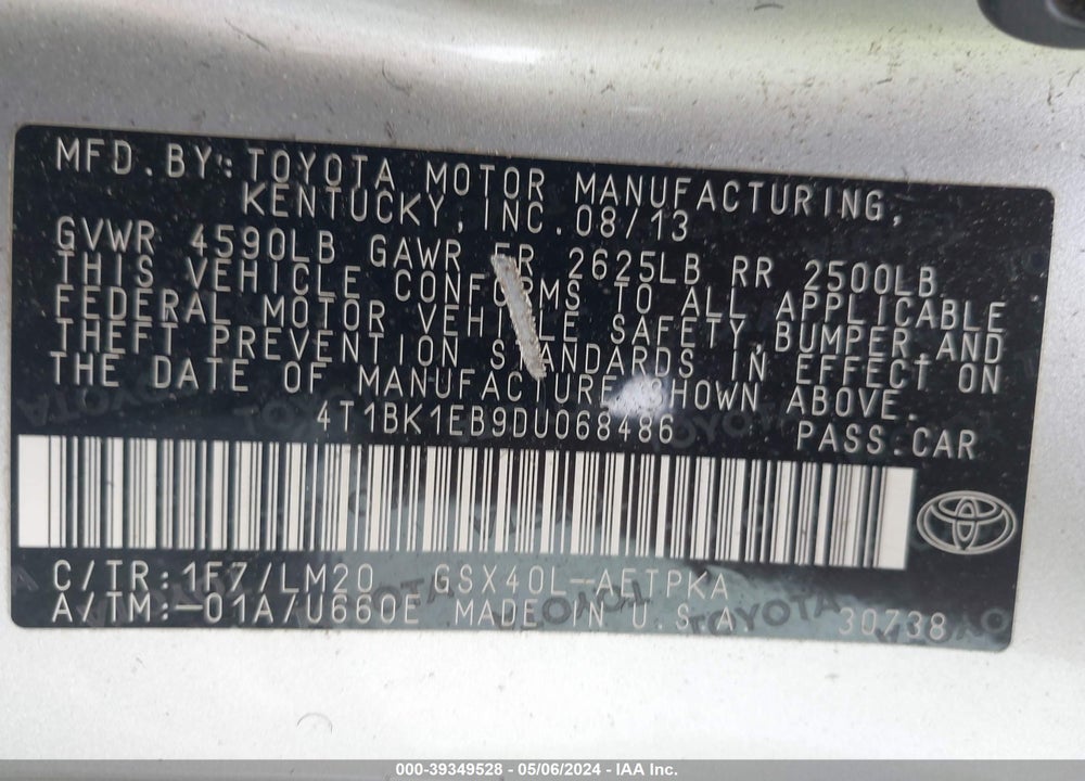 2013 TOYOTA AVALON LIMITED VIN: 4T1BK1EB9DU068486