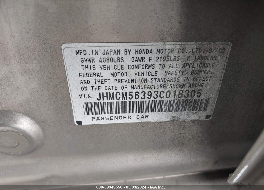 2003 HONDA ACCORD 2.4 LX VIN: JHMCM56393C018305