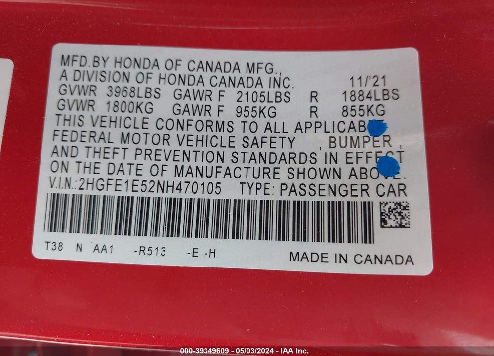 2022 HONDA CIVIC SI SEDAN VIN: 2HGFE1E52NH470105