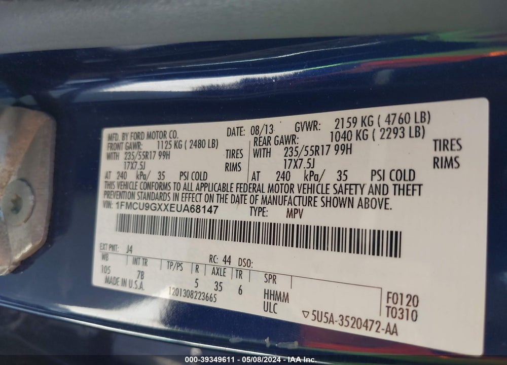 2014 FORD ESCAPE SE VIN: 1FMCU9GXXEUA68147