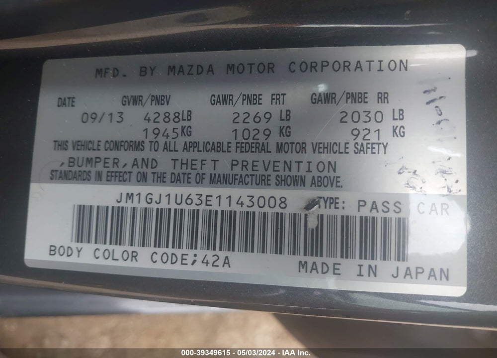 2014 MAZDA 6 I SPORT VIN: JM1GJ1U63E1143008