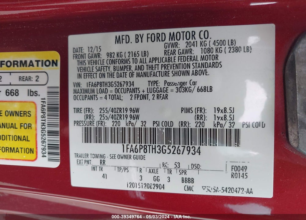 2016 FORD MUSTANG ECOBOOST VIN: 1FA6P8TH3G5267934