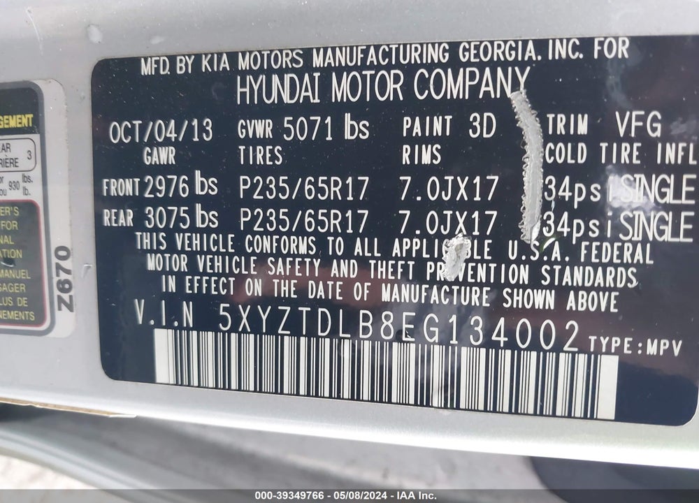 2014 HYUNDAI SANTA FE SPORT 2.4L VIN: 5XYZTDLB8EG134002