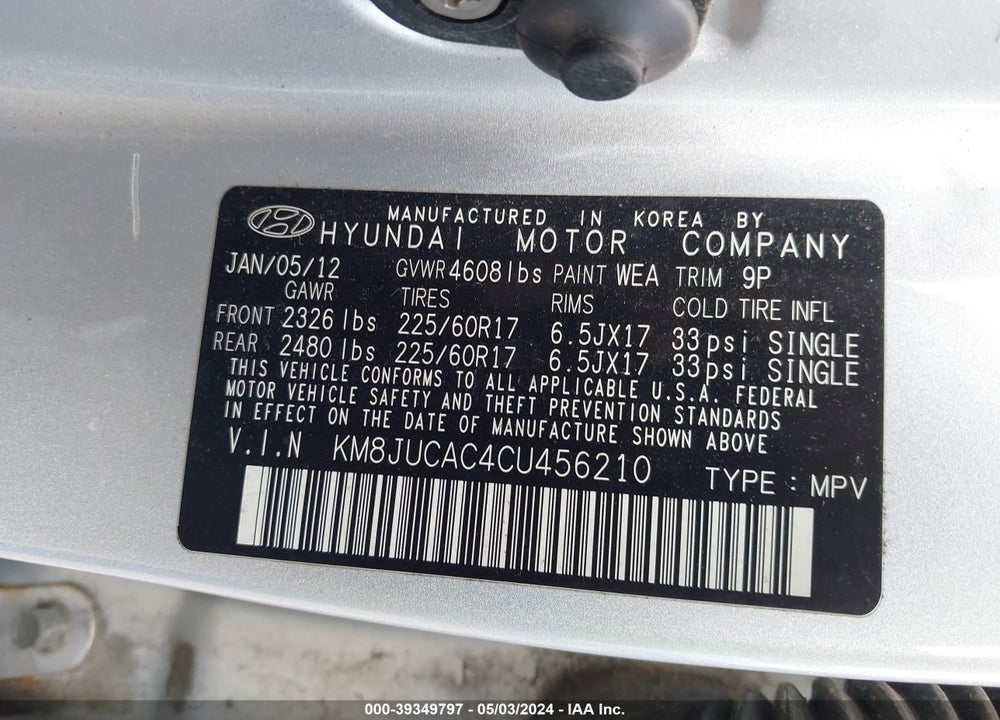 2012 HYUNDAI TUCSON GLS VIN: KM8JUCAC4CU456210