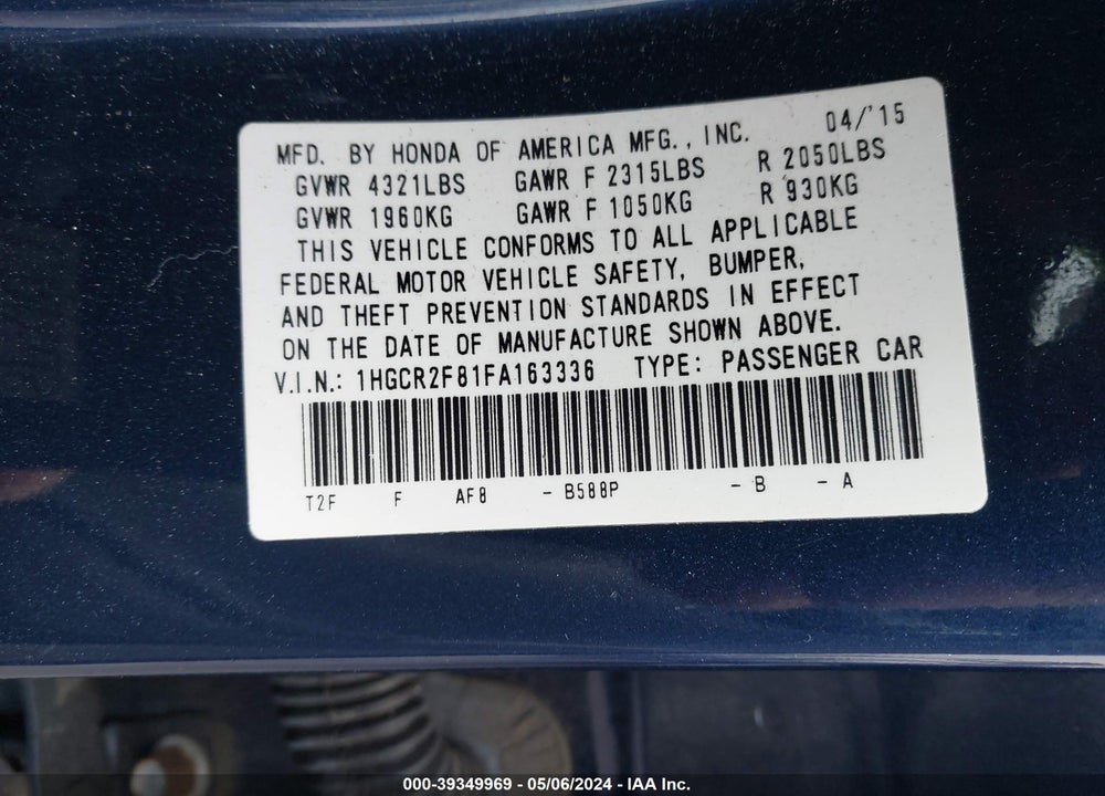2015 HONDA ACCORD EX-L VIN: 1HGCR2F81FA163336