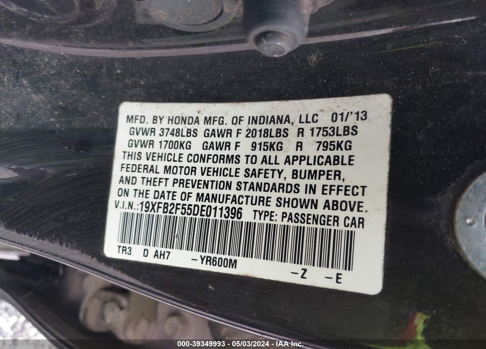 2013 HONDA CIVIC VIN: 19XFB2F55DE011396