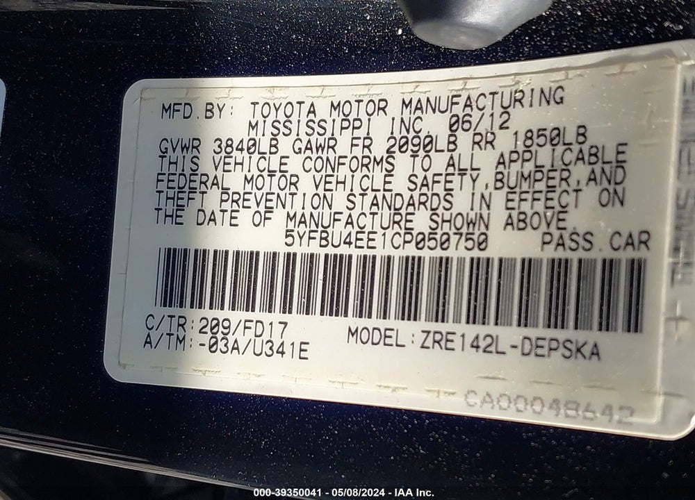 2012 TOYOTA COROLLA S VIN: 5YFBU4EE1CP050750