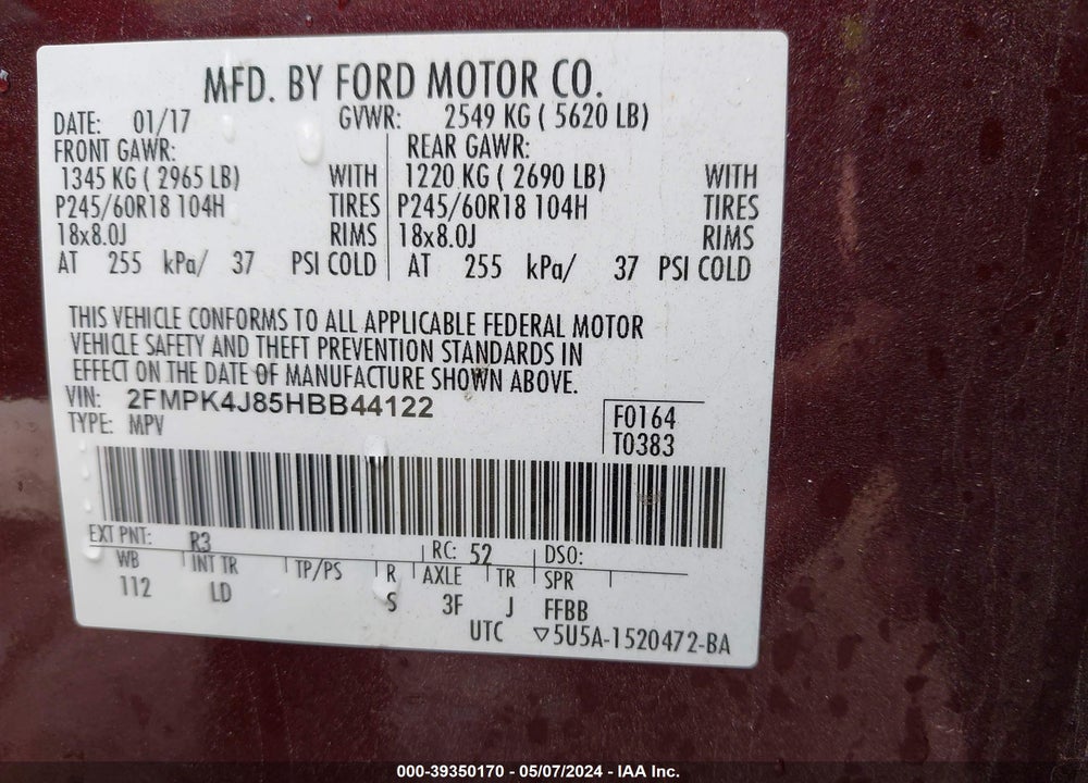 2017 FORD EDGE SEL VIN: 2FMPK4J85HBB44122
