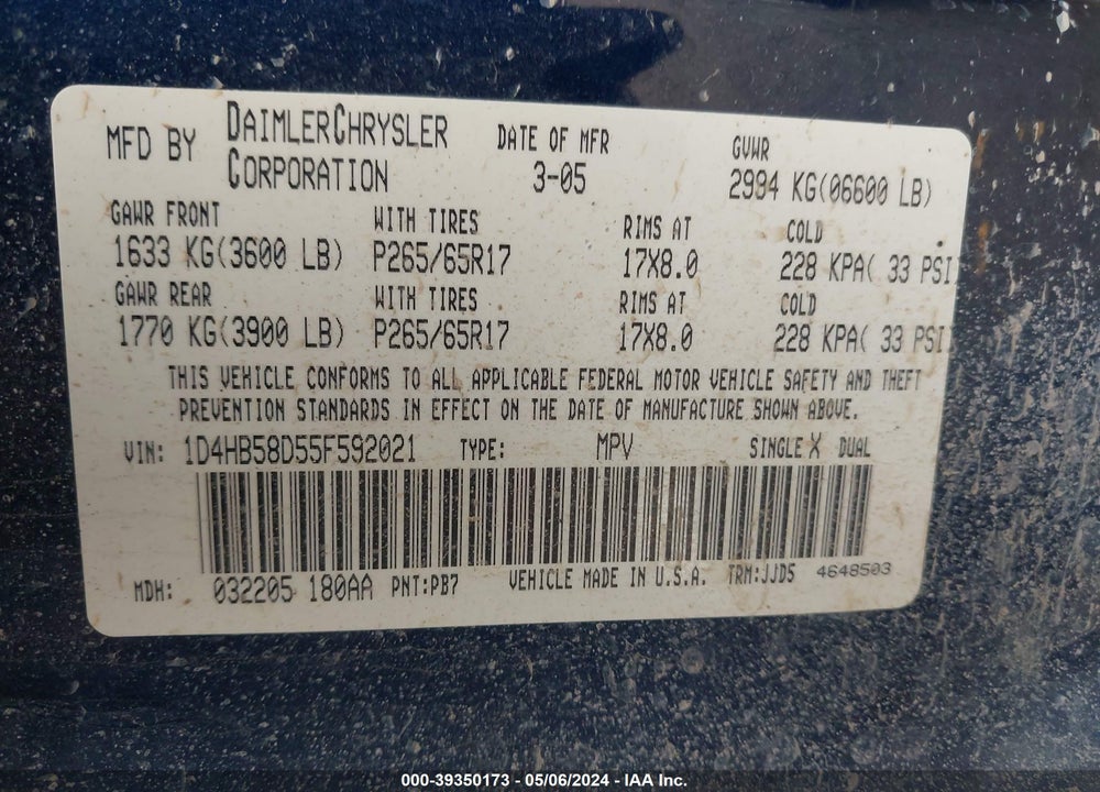 2005 DODGE DURANGO LIMITED VIN: 1D4HB58D55F592021