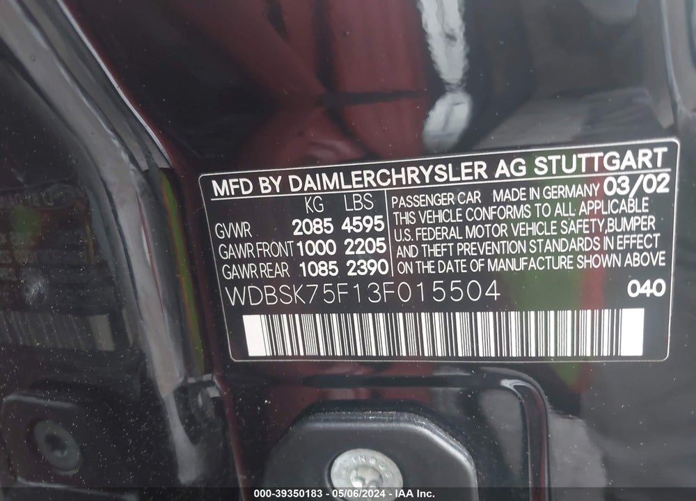 2003 MERCEDES-BENZ SL 500 VIN: WDBSK75F13F015504