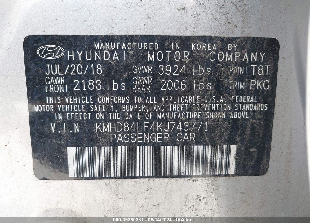 2019 HYUNDAI ELANTRA SEL VIN: KMHD84LF4KU743771