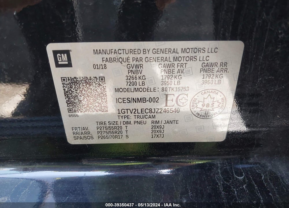 2018 GMC SIERRA 1500 VIN: 1GTV2LEC8JZ246540