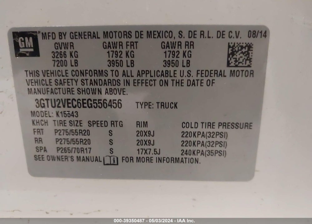 2014 GMC SIERRA 1500 SLT VIN: 3GTU2VEC6EG556456