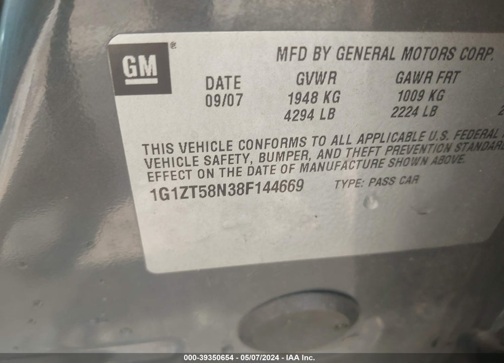 2008 CHEVROLET MALIBU CLASSIC LT VIN: 1G1ZT58N38F144669
